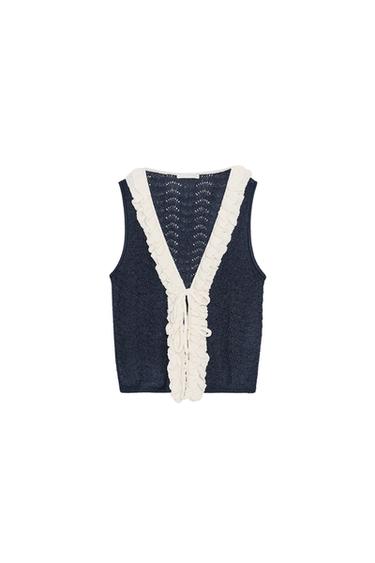 CONTRAST RUFFLE TOP - Ecru / Navy by Zara - Image 0