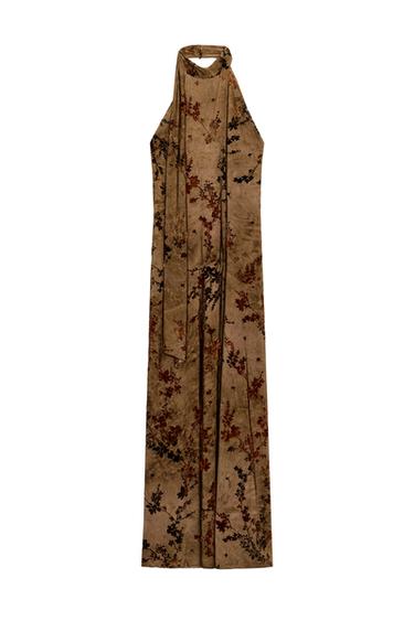 LONG FLOCKED HALTERNECK DRESS WITH FOULARD DETAIL - Toffee by Zara