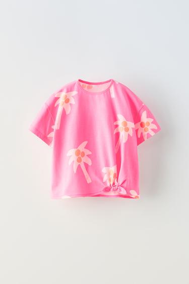 PRINTED T-SHIRT WITH KNOT - Neon pink by Zara