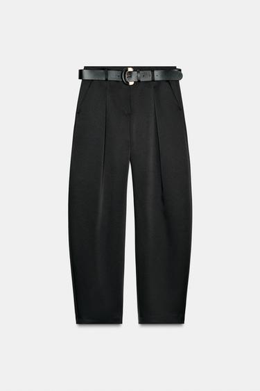 Zara SATIN BARREL BELTED PANTS - Black