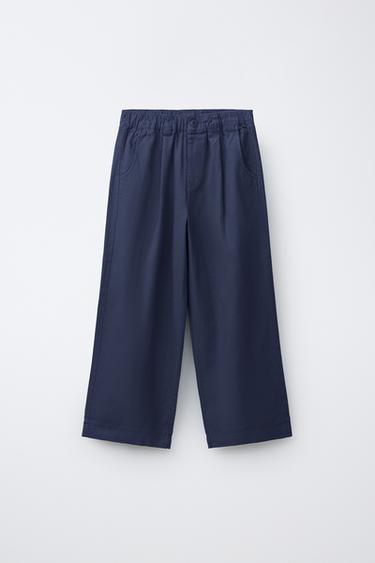 PANTALON DROIT EN COTON ET LIN - Bleu de Zara