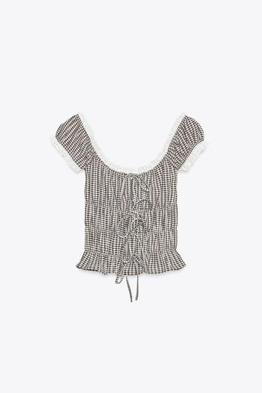 TOP À CARREAUX VICHY ET DENTELLE - Marron / Écru de Zara - Image 4