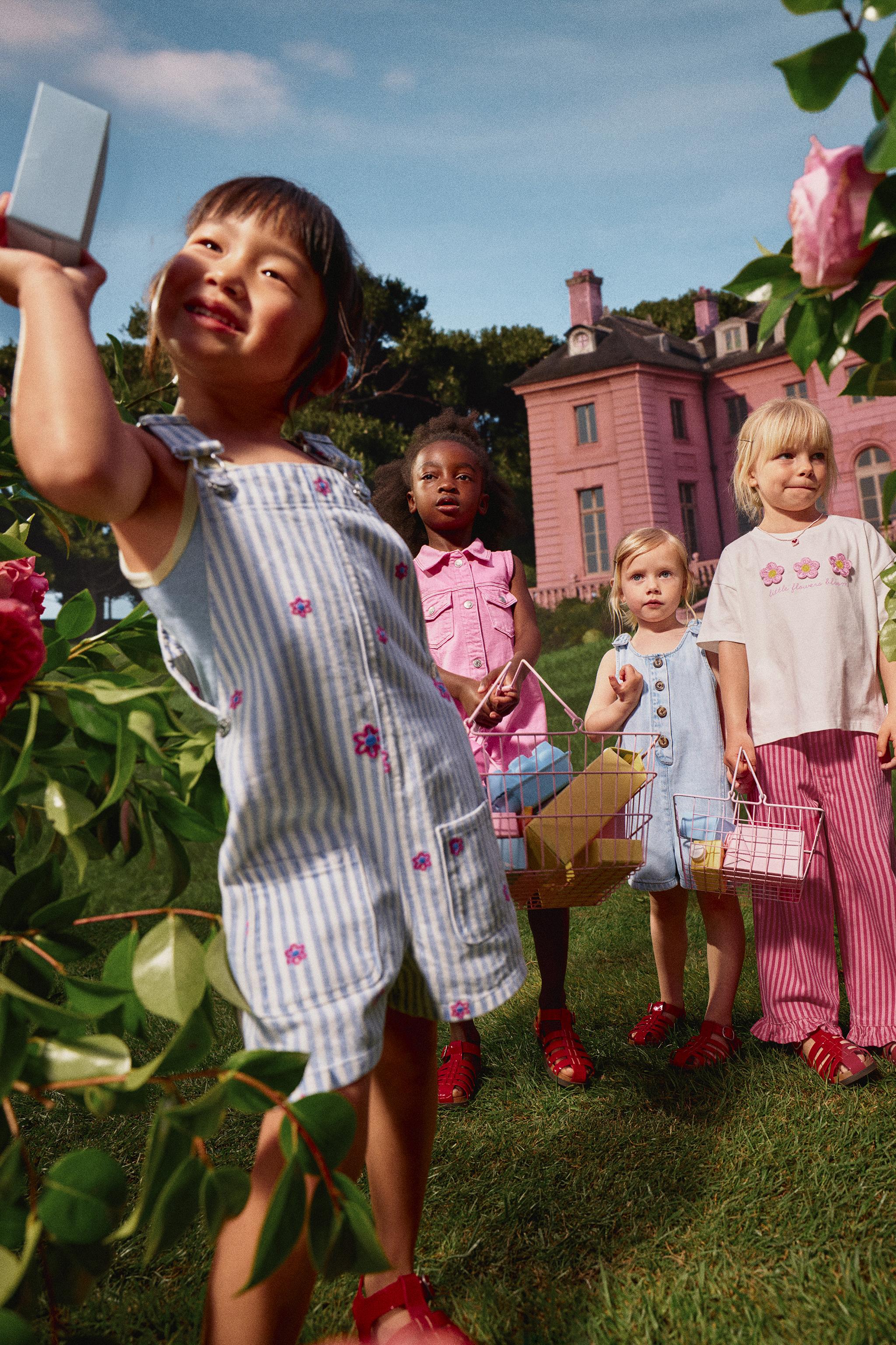 STRIPED TWILL OVERALLS WITH EMBROIDERED FLOWERS