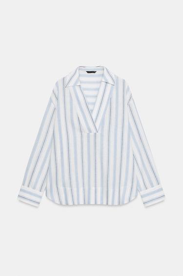 Zara STRIPED PRINT BLOUSE - Brown-Blue
