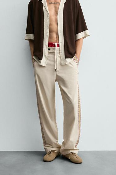 EMBROIDERED STRIPE TROUSERS - Ecru by Zara - Image 1