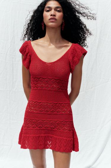 Zara RUFFLED TEXTURED KNIT MINI DRESS - Red - Image 0