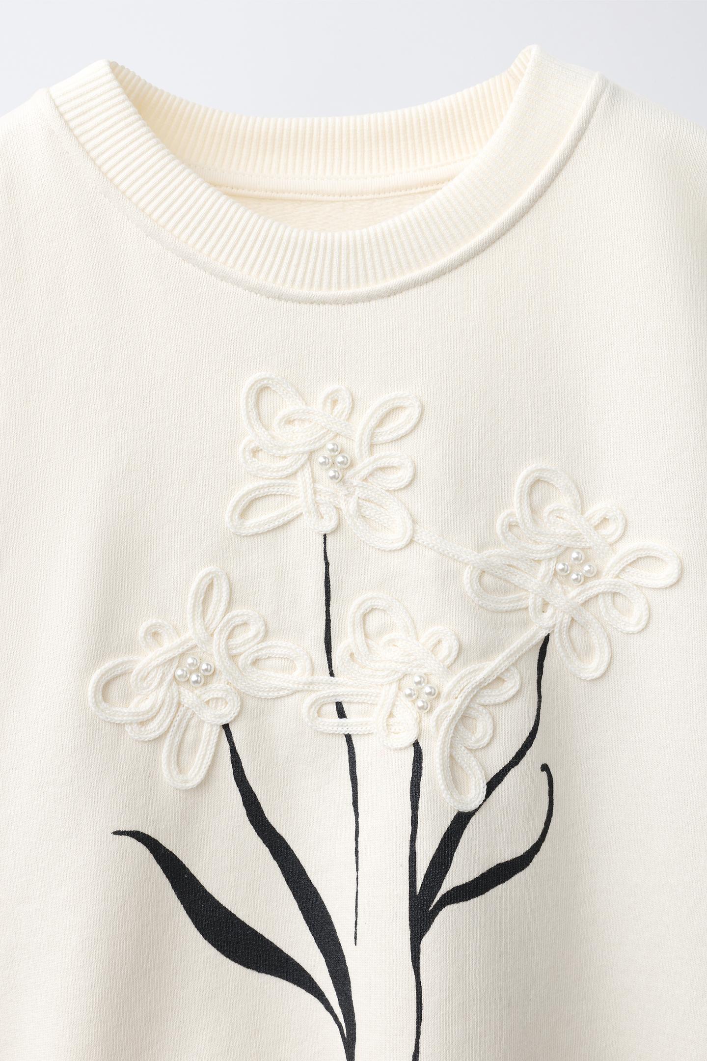 Детский свитшот Zara Floral AppliquÉ Sweatshirt, цвет: Экрю — фото 4