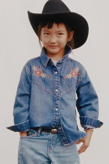 EMBROIDERED FLORAL DENIM SHIRT — Blue 1