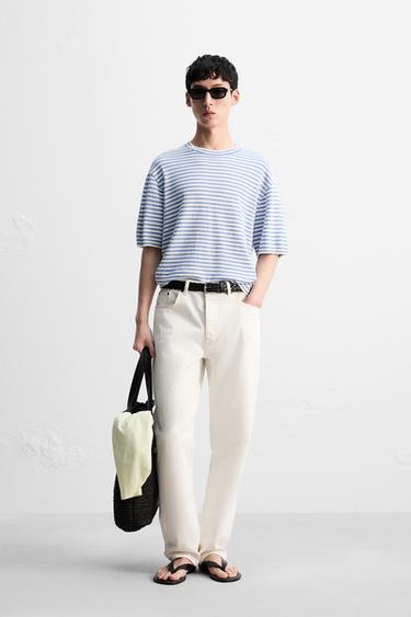 Zara 條紋紋理針織 T 恤 - 藍色 / 白色