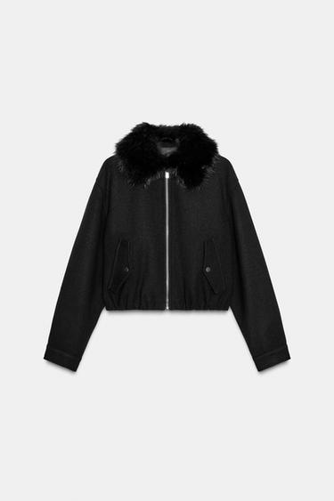 BOMBER JACKET WITH FAUX FUR COLLAR - Black by Zara