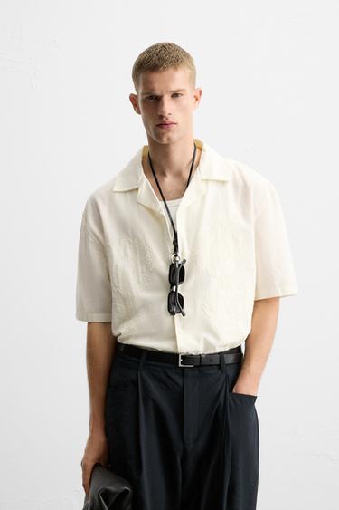 Zara EMBROIDERED COTTON LINEN SHIRT - Oyster-white