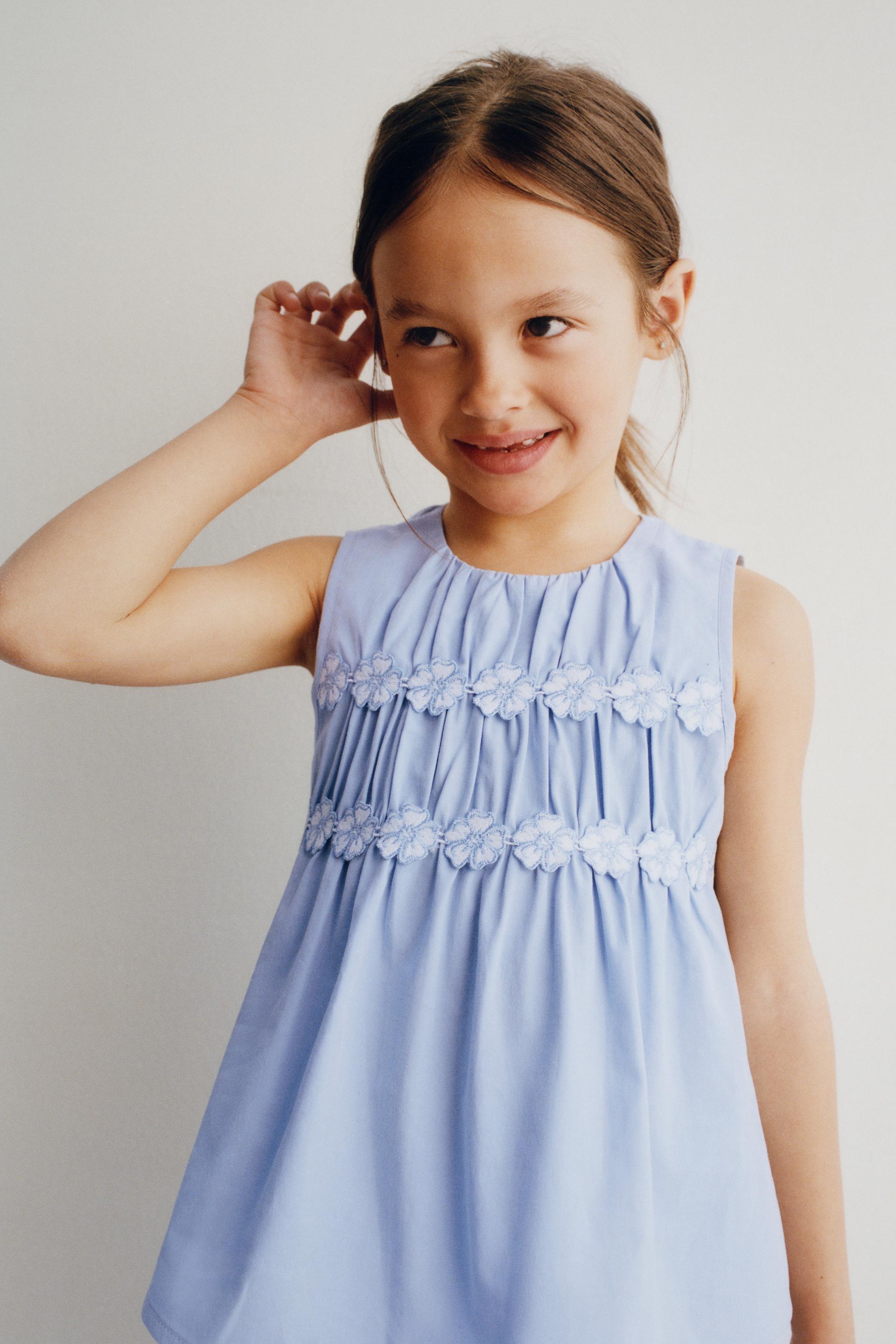 Haut Chemisier Zara Fille 8 Ans - Bleu Coton Brodé De Fleurs - Longues Manches