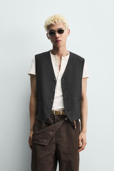 CHALECO TRAJE VISCOSA - LINO - Negro de Zara