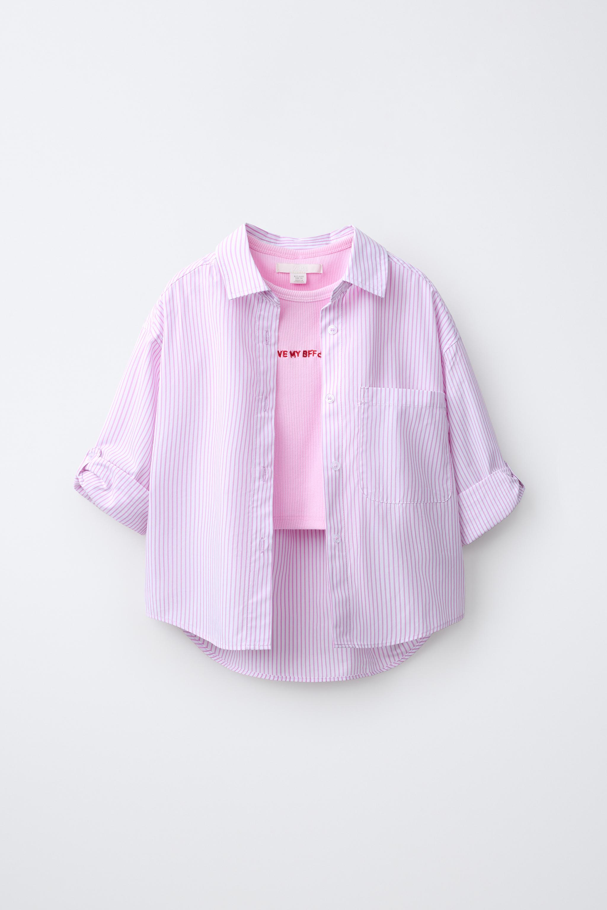 STRIPED SHIRT AND EMBROIDERED RIB T-SHIRT SET — Pink