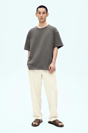 Zara 棉質-亞麻休閒版長褲 - 淺米色