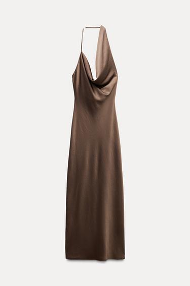 Zara SATIN EFFECT MIDI DRESS - Brown - Image 0