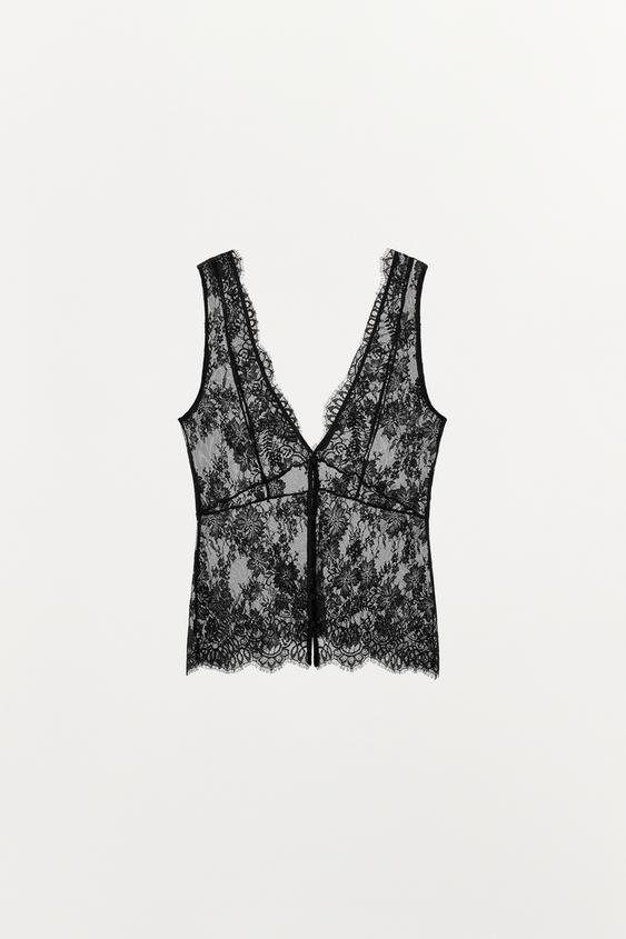 レース ボタン付きトップス - ブラック | ZARA Japan / 日本