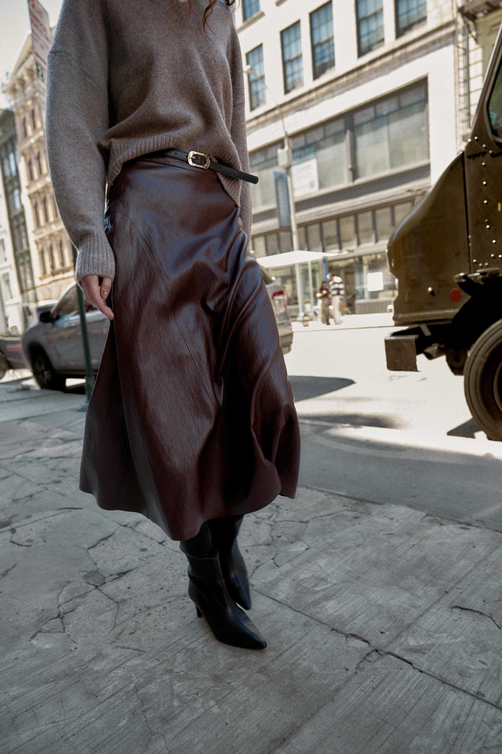 FAUX LEATHER BELTED MIDI SKIRT