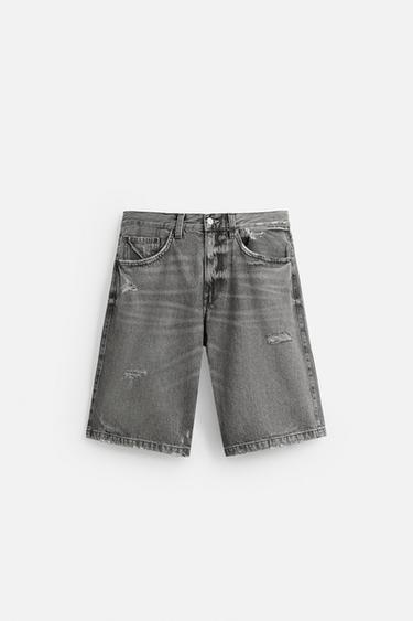 BERMUDA DENIM BAGGY FIT ROTOS - Gris de Zara