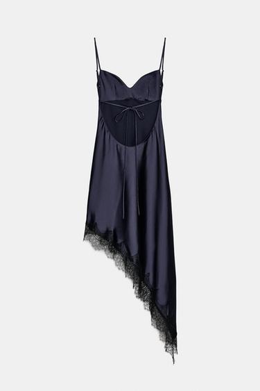 ROBE SATINÉE ASYMÉTRIQUE DENTELLE - Bleu marine de Zara - Image 5