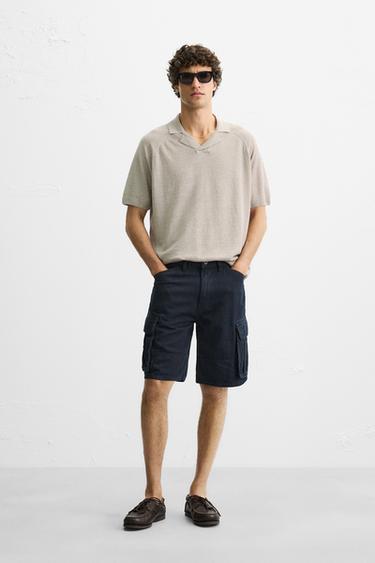 コットン/レーヨン カーゴバミューダパンツダークネイビーブルーZaraのコットン/レーヨン カーゴバミューダパンツ - ダークネイビーブルー 
