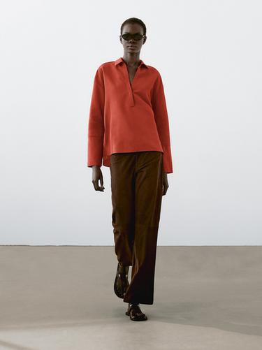 Blouse à col polo lin mélangé - Rouge orangé de Zara - Image 0
