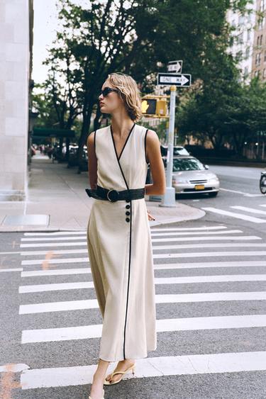 LINEN BLEND MIDI DRESS WITH BELT - Light beige by Zara - Image 1