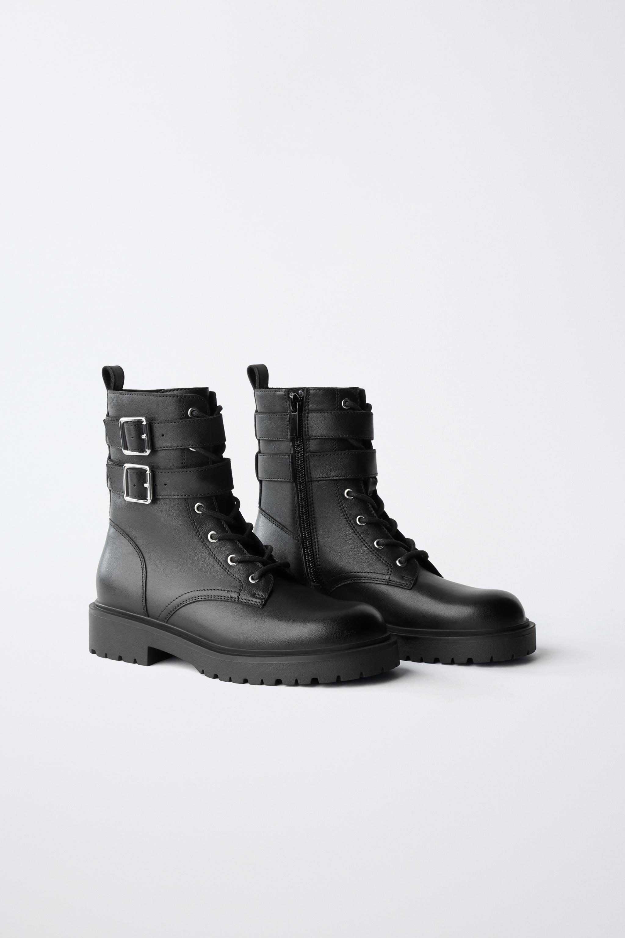 LEATHER DOUBLE-BUCKLE BOOTS — Black