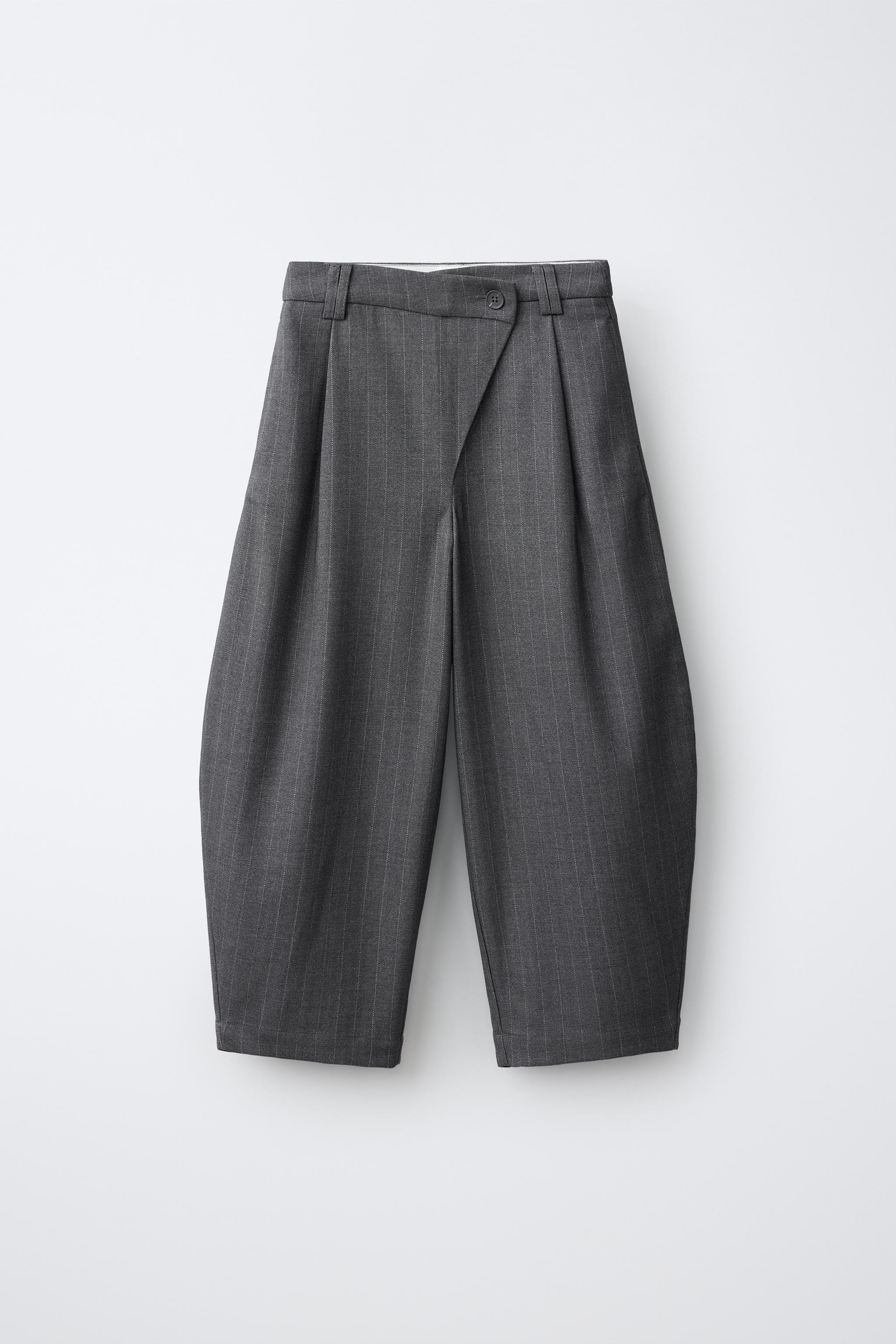 WRAP WAIST BARREL TAILORED PANTS — Gray
