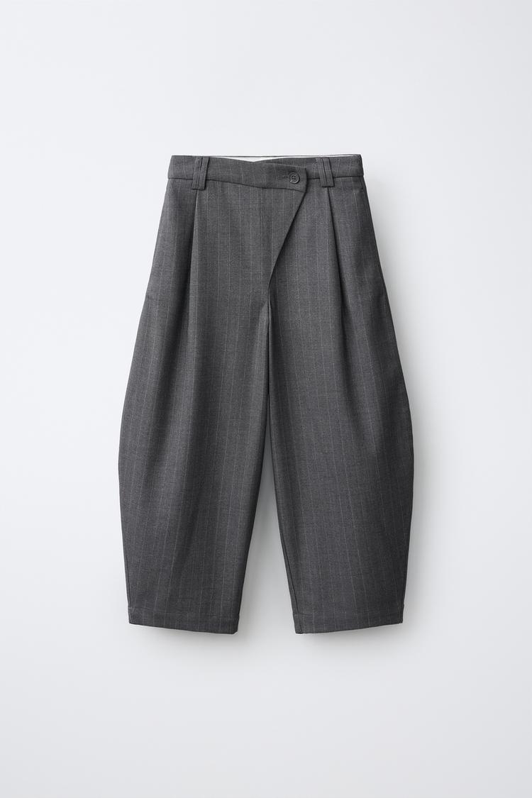 WRAP WAIST BARREL TAILORED PANTS — Gray