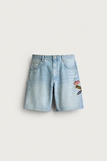 RELAXED FIT DENIM BERMUDA SHORTS WITH PATCHES - Blue by Zara