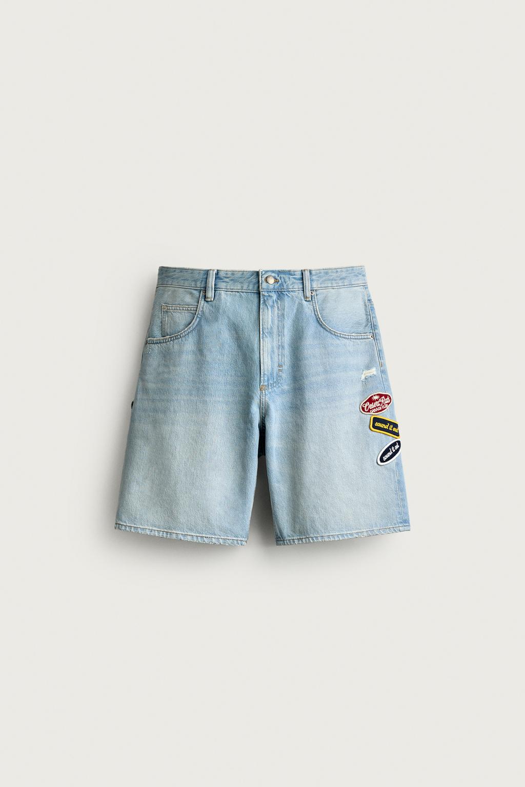 RELAXED FIT DENIM BERMUDA SHORTS WITH PATCHES