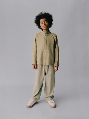 Zara LINEN MANDARIN COLLAR SHIRT - Khaki