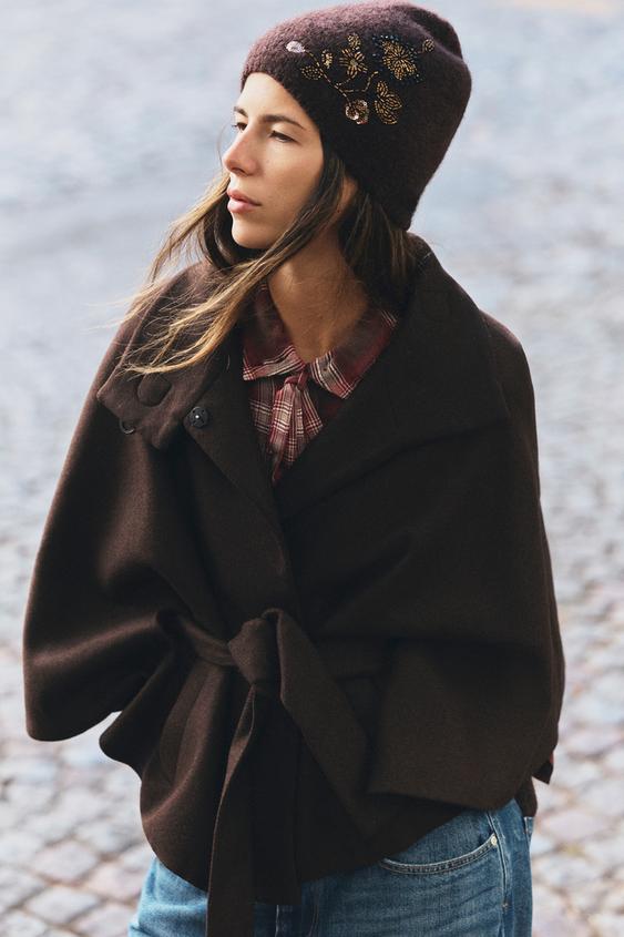 Zara FLORAL BEAD EMBROIDERED BEANIE - Brown - Image 0