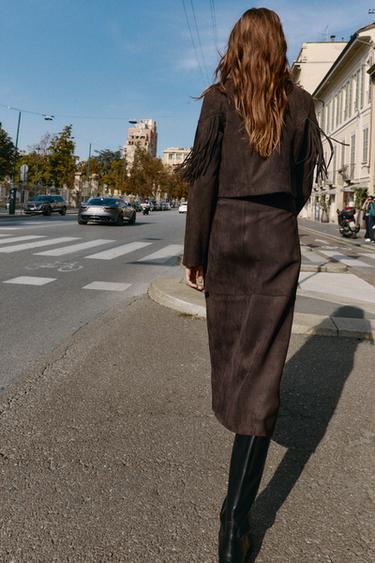 FRINGED FAUX SUEDE JACKET - Chocolate brown by Zara - Image 3