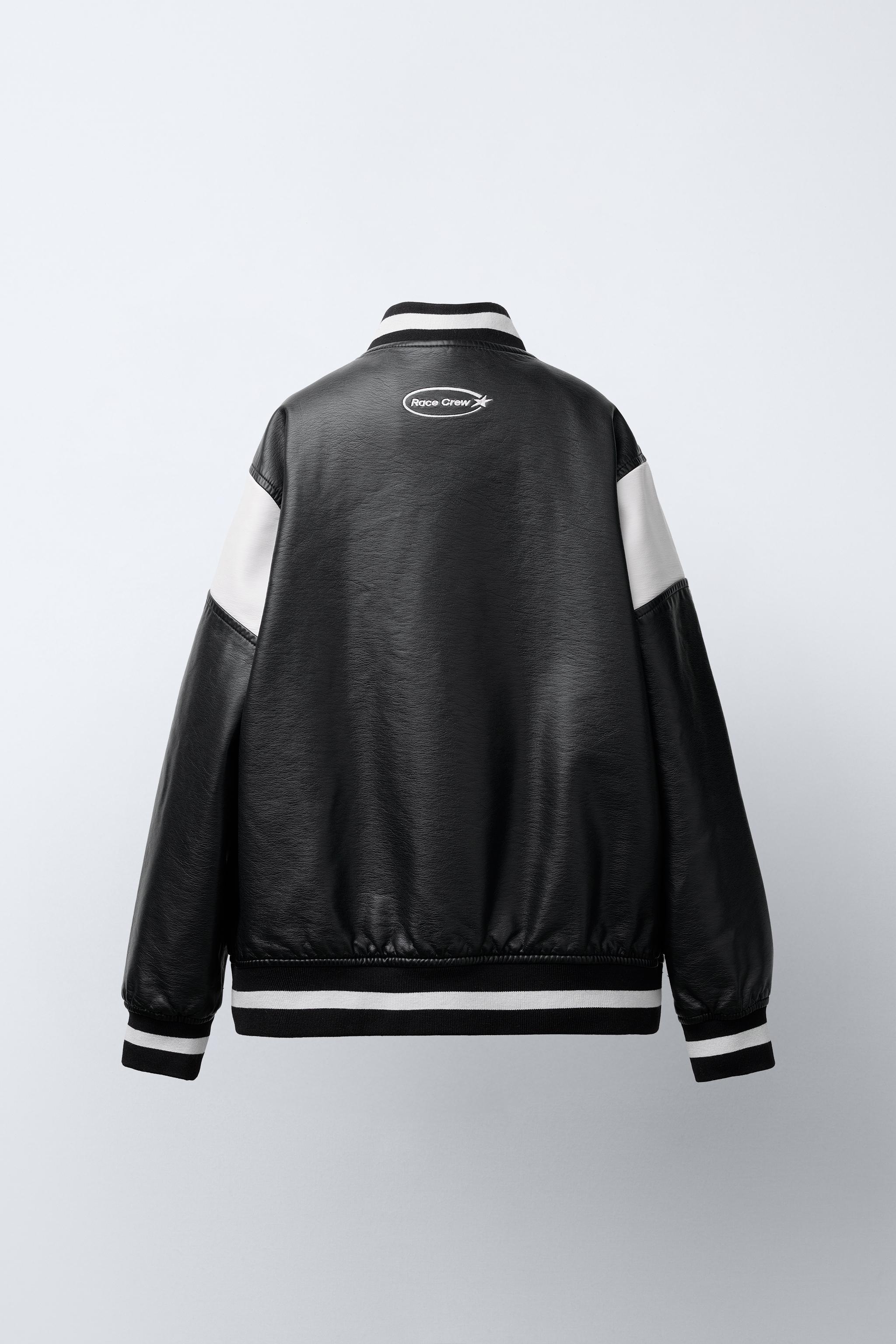 ジャケット・アウター she'ller leather like bomber jacket FAUX LEATHER BOMBER JACKET WITH EMBROIDERED TEXT - Black | ZARA
