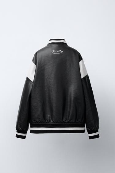 FAUX LEATHER BOMBER JACKET WITH EMBROIDERED TEXT - Black by Zara - Image 3