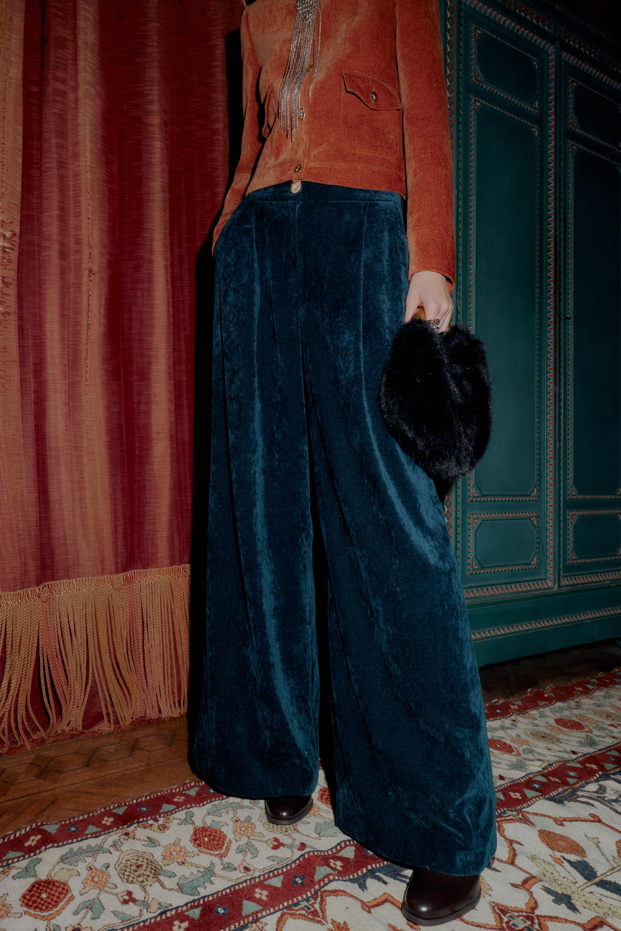 VELVET WIDE LEG PANTS - Duck green | ZARA United States