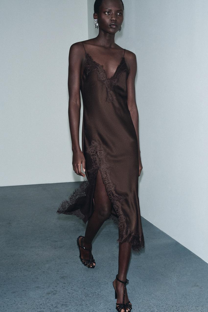 Zara - Zw Collection Satin Lace Dress - Brown - S - Woman Zara - Zw Collection Satin Lace Dress - Brown - S - Woman