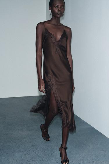 ZW COLLECTION SATIN LACE DRESS - Brown by Zara - Image 0