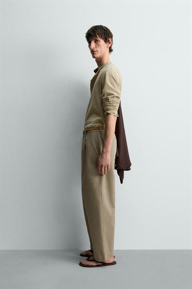 COTTON - LINEN HENLEY T-SHIRT - Dark beige by Zara - Image 3