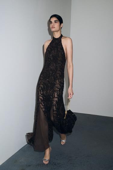 SEQUIN HALTER DRESS - Brown by Zara