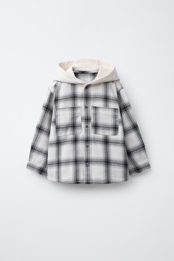 CAMISA CAPUCHA FELPA ESTAMPADO CUADROS - Blanco / Negro de Zara - Imagen 0