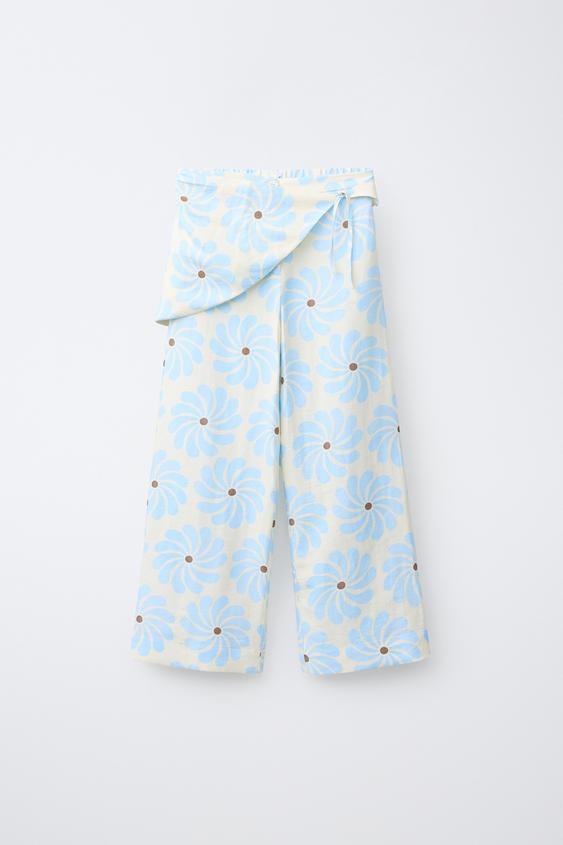 PANTALÓN WIDE LEG ESTAMPADO PAREO DESMONTABLE - Crudo / Azul de Zara - Imagen 0