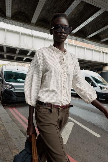 Zara RUFFLED STRIPED SHIRT - Ecru / Brown