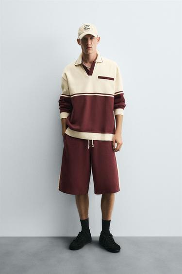 Zara CONTRAST STRIPE JOGGER SHORTS - Maroon - Image 0
