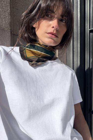 Zara 100% VISCOSE PRINTED STRIPED SCARF - Olive green