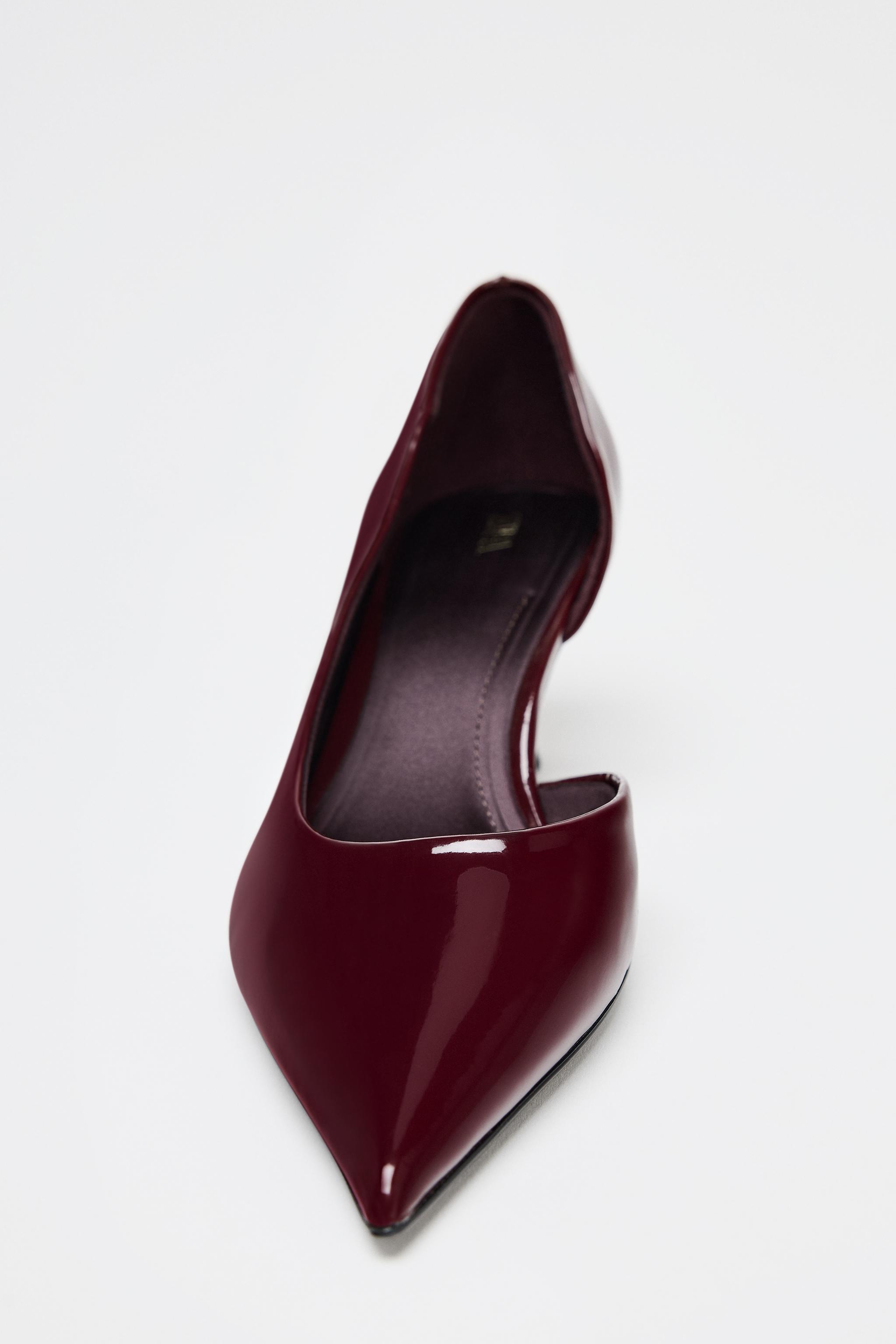 ZARA NEW WOMAN FAUX-PATENT FINISH SLINGBACK SHOES BURGUNDY
