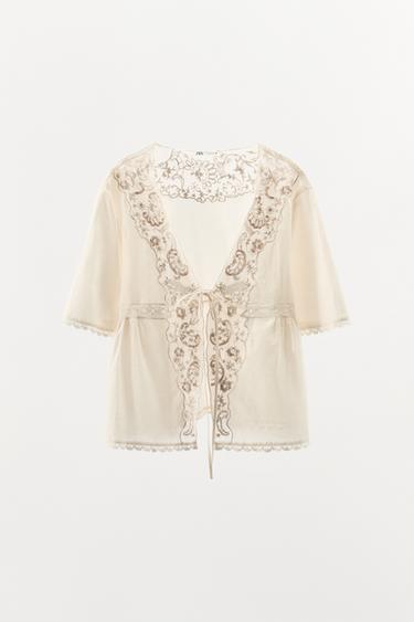 PERLEBESAT TOP MED BRODERI – LIMITED EDITION - knæk. hvid fra Zara