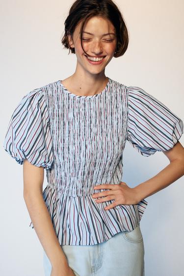 Zara SMOCKED STRIPED TOP - striped